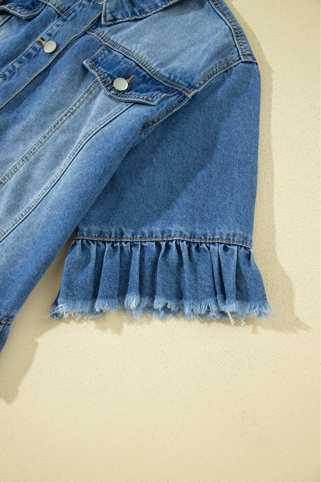 *Blue Ruffle Hem Raw Edge Half Sleeve Western Denim Jacket