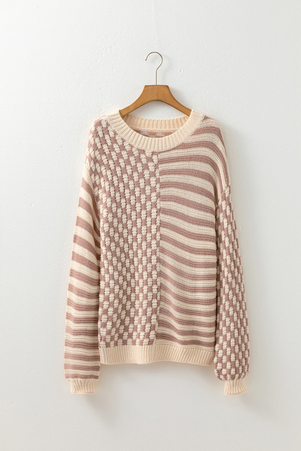 *Khaki Stripe Checkerboard Drop Shoulder Balloon Sleeve Sweater