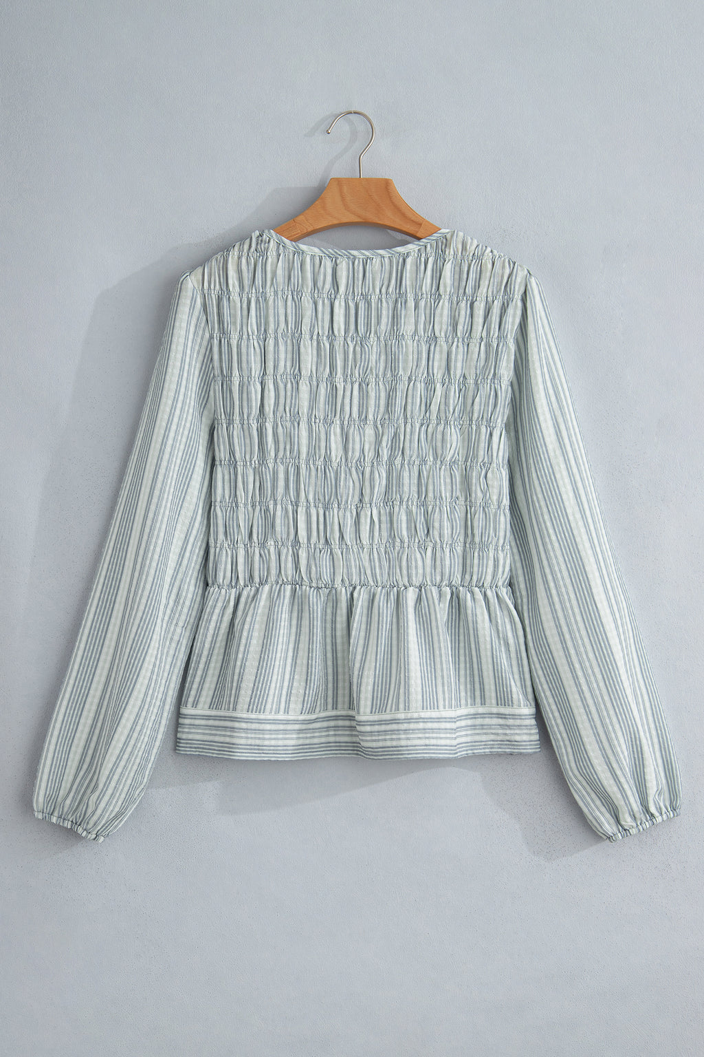 *Blue Stripe V Neck Shirred Long Sleeve Blouse