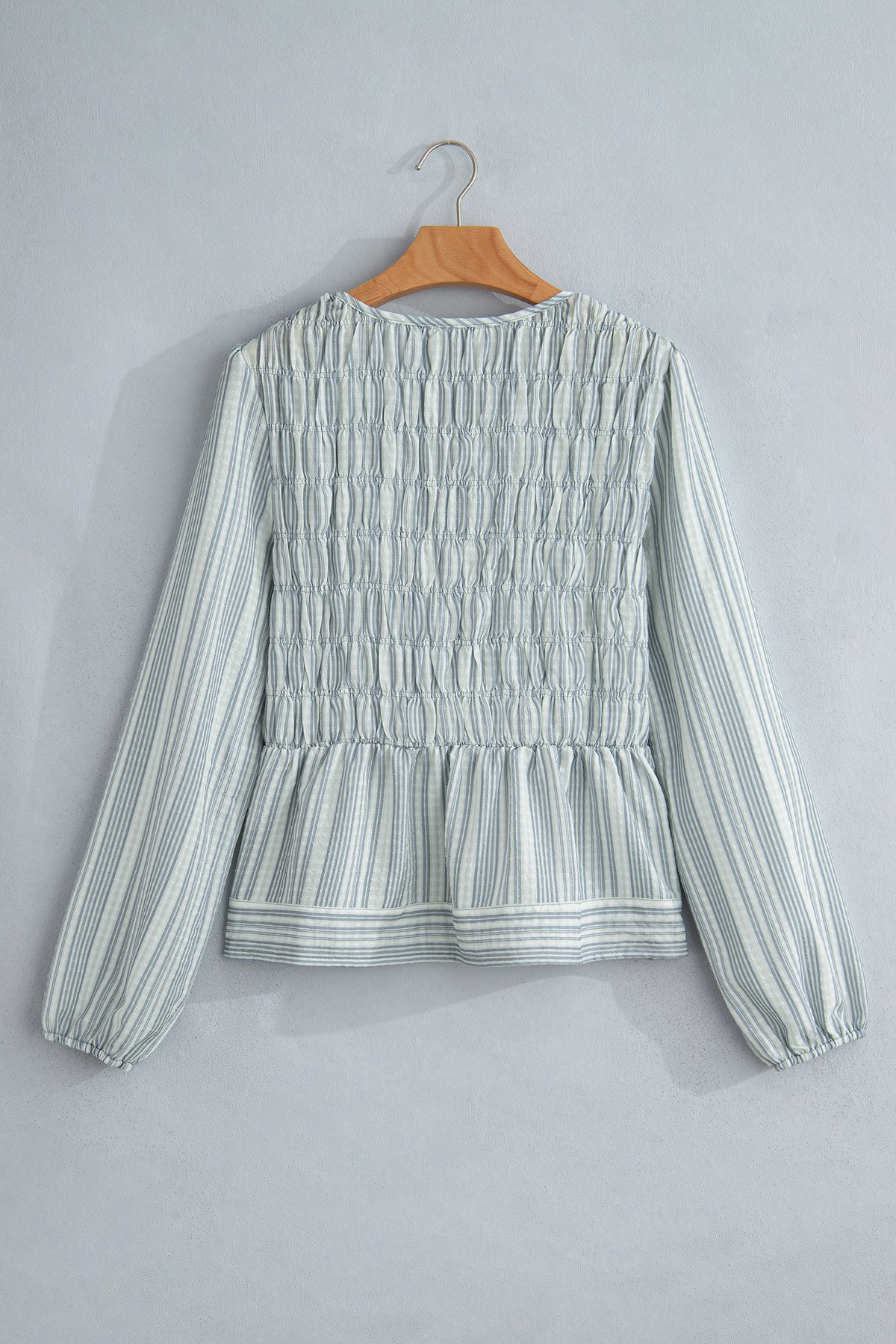 *Blue Stripe V Neck Shirred Long Sleeve Blouse