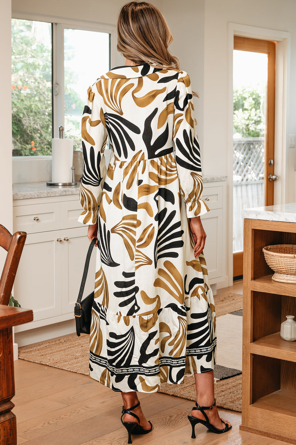*Brown Tropical Printed Contrast Trim Neck Long Sleeve Ruffle Hem Dress
