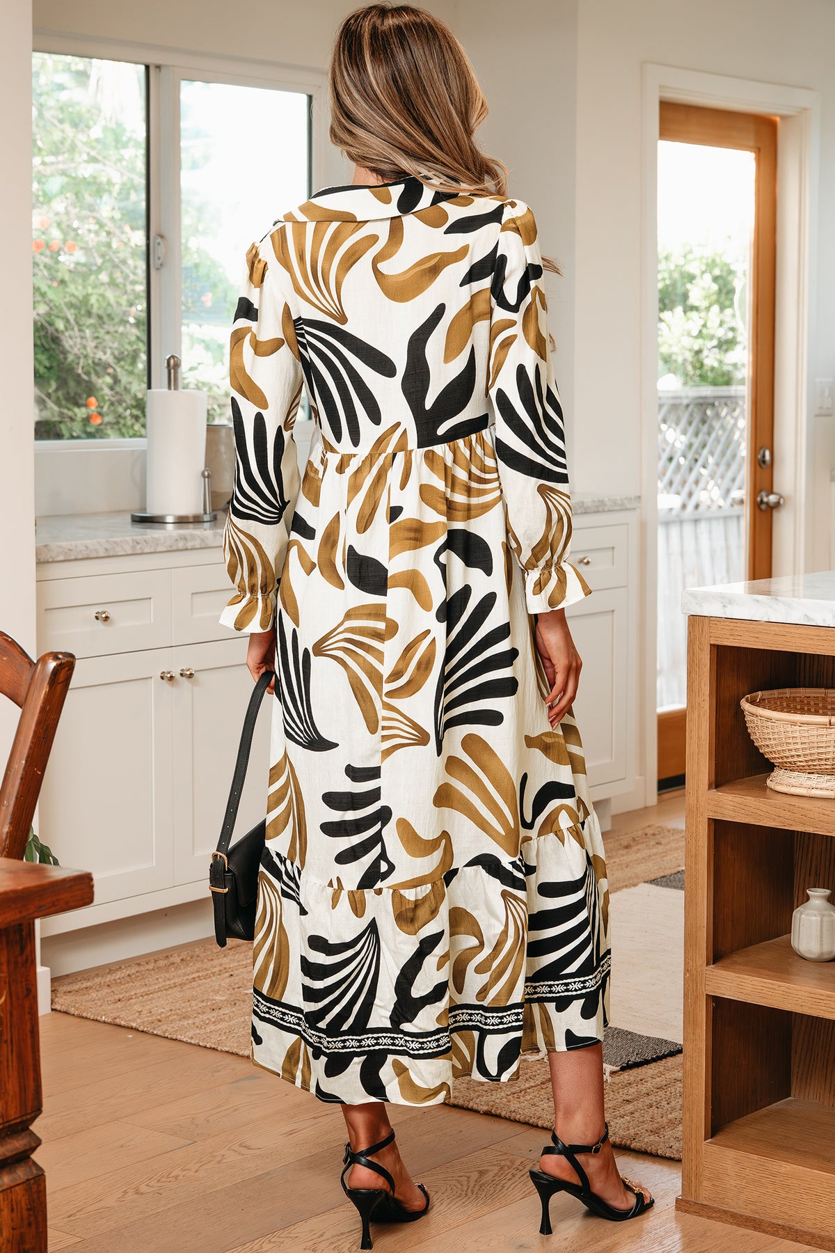 *Brown Tropical Printed Contrast Trim Neck Long Sleeve Ruffle Hem Dress