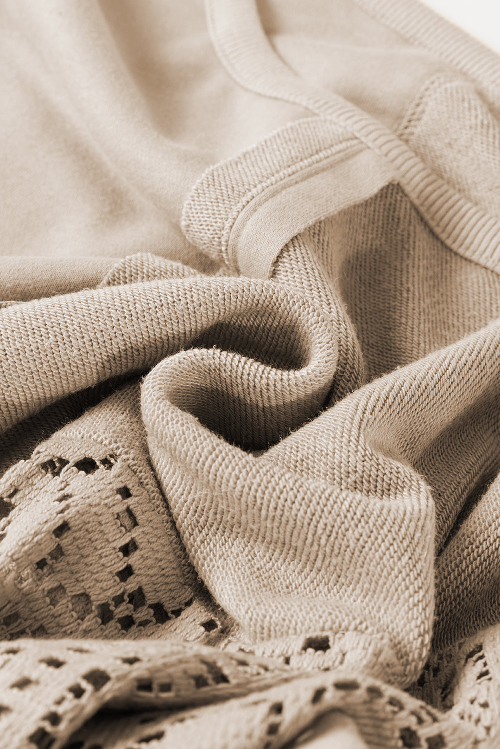 *Parchment Knit Crochet Exposed Seam Ribbed Trim Sweatshirt