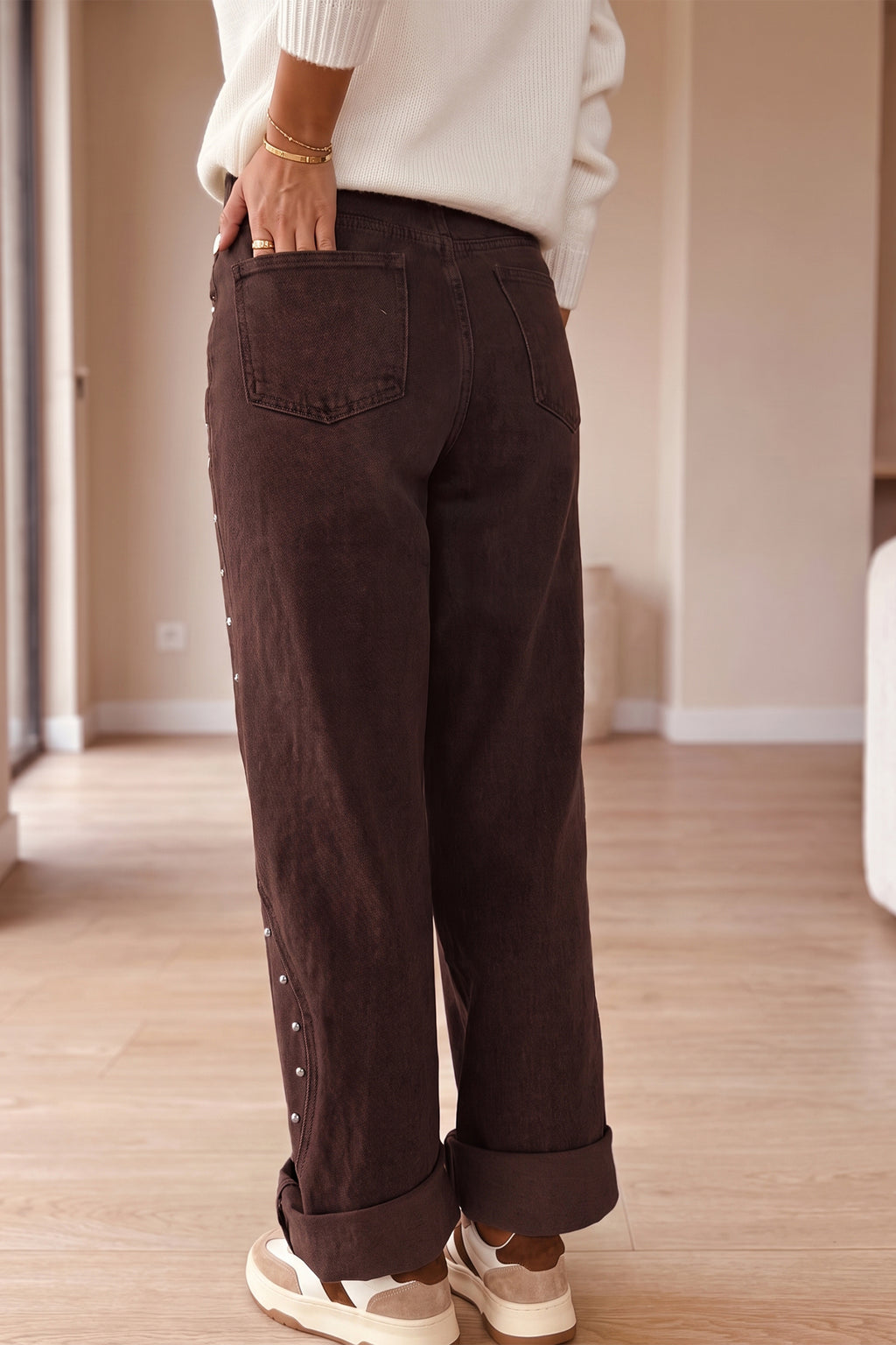 *Coffee Side Seam Rivet Detail Ankle Length Casual Jeans