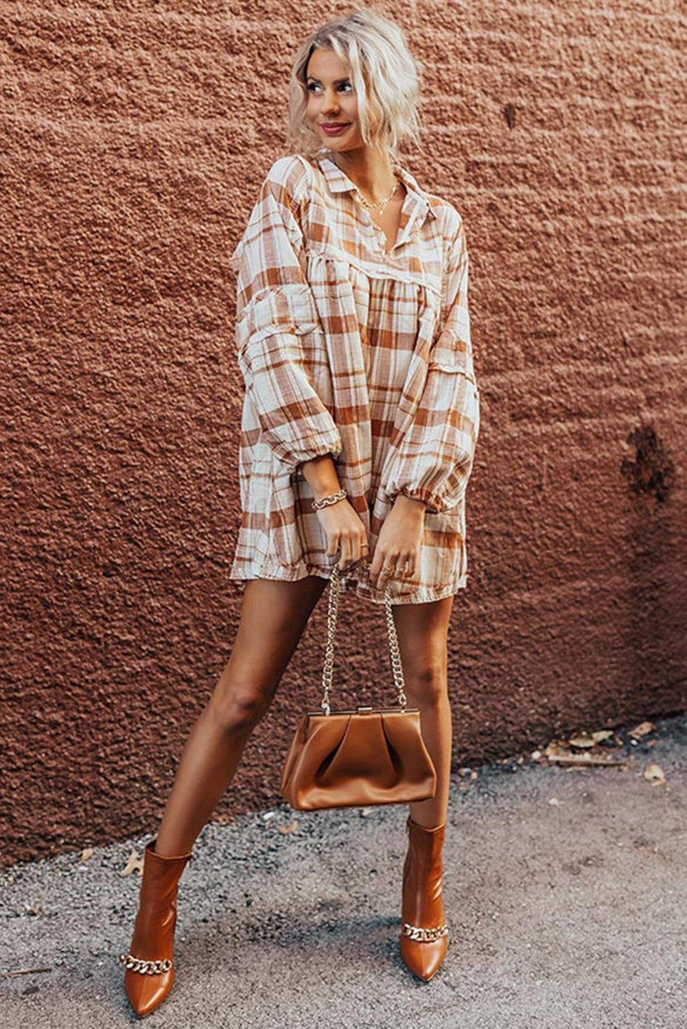 *Brown Plaid Print Side Pockets Frilled Babydoll Mini Dress