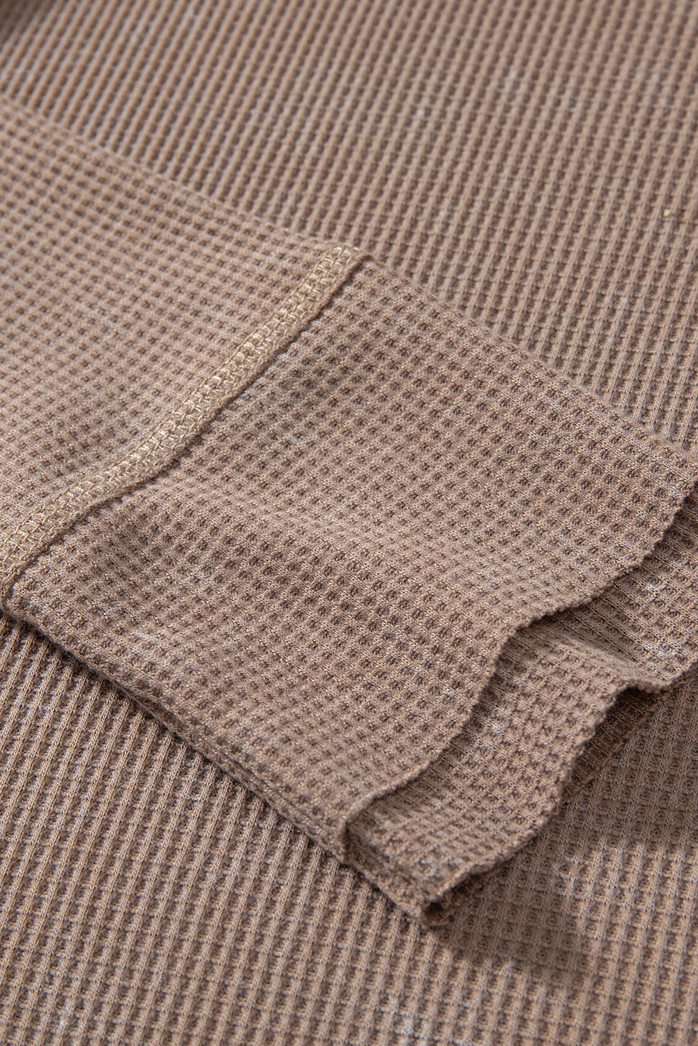 *Coffee Acid Wash Waffle Knit Buttoned Neckline Long Sleeve Top