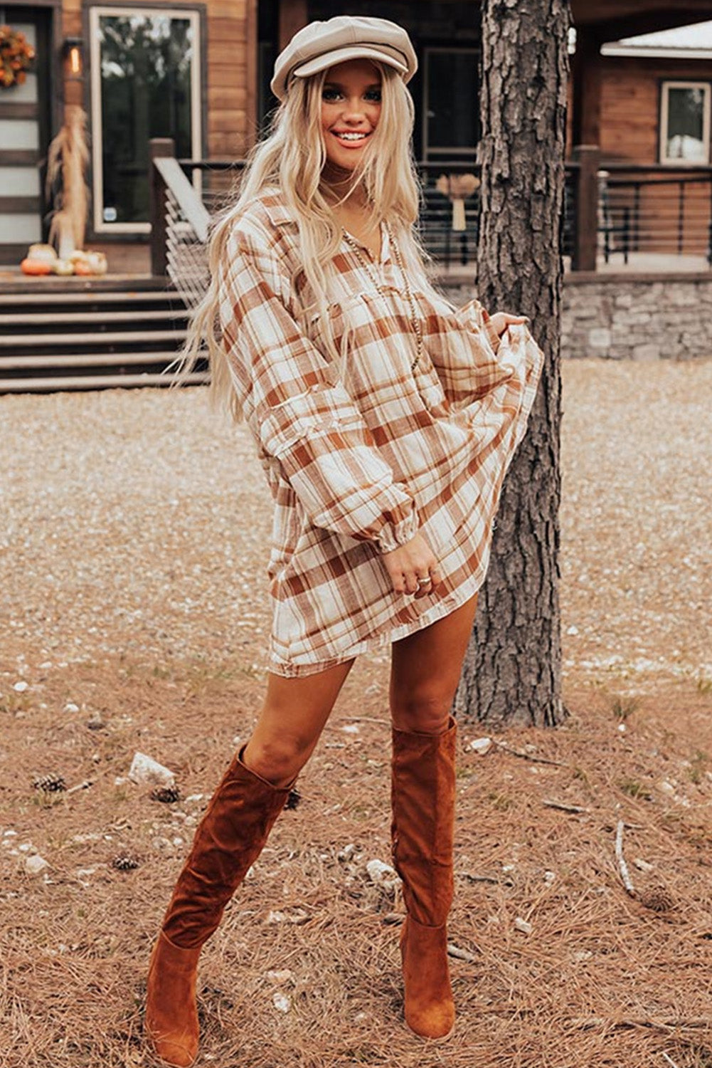 *Brown Plaid Print Side Pockets Frilled Babydoll Mini Dress