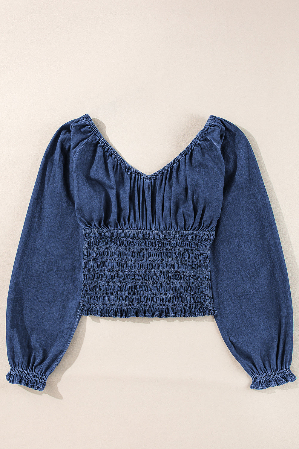 *Dark Blue Smocked Ruffled Puff Sleeve V Neck Denim Blouse
