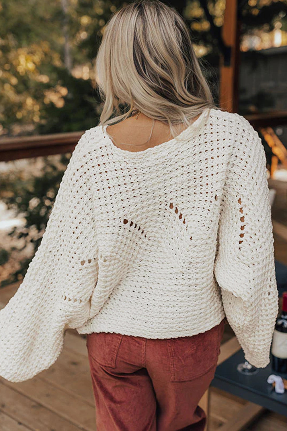 *White Hollowed Detail Wide Sleeve Loose Pullover Sweater