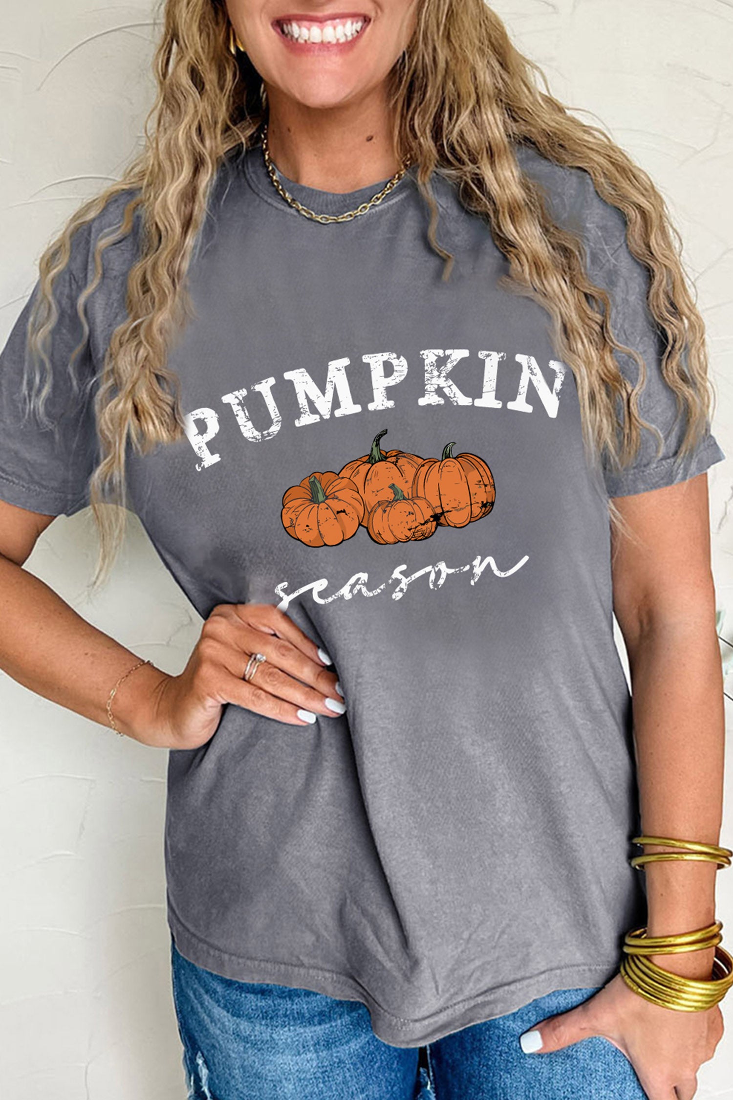 *Gray Pumpkin Season Graphic Round Neck Short Sleeve T-Shirt