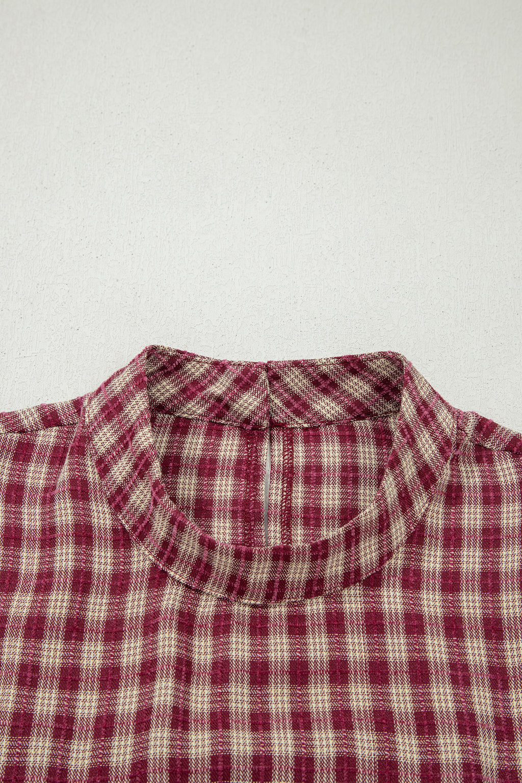 *Coral Country Plaid Long Sleeve Button Keyhole Pleated Loose Blouse