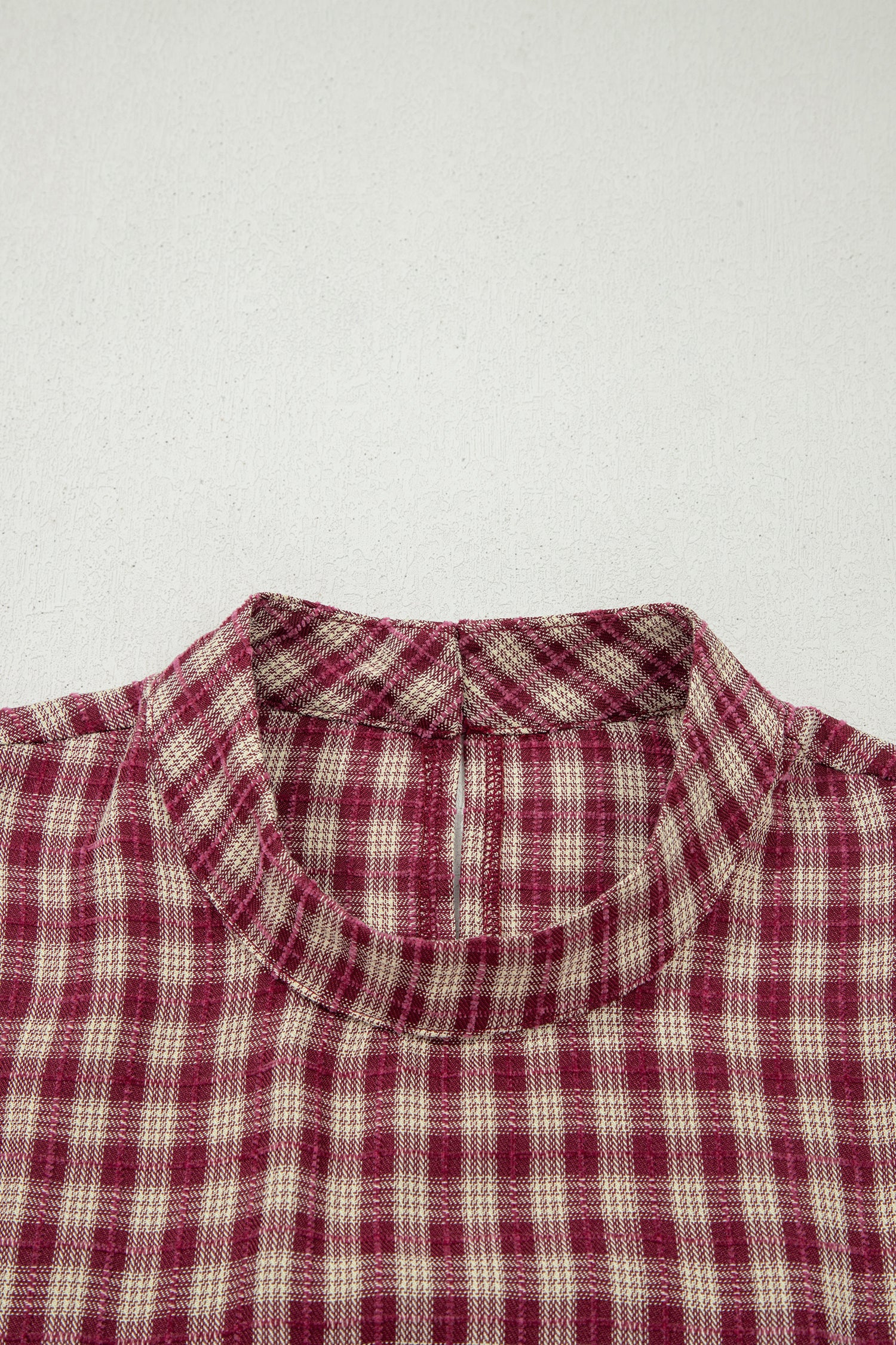 *Coral Country Plaid Long Sleeve Button Keyhole Pleated Loose Blouse
