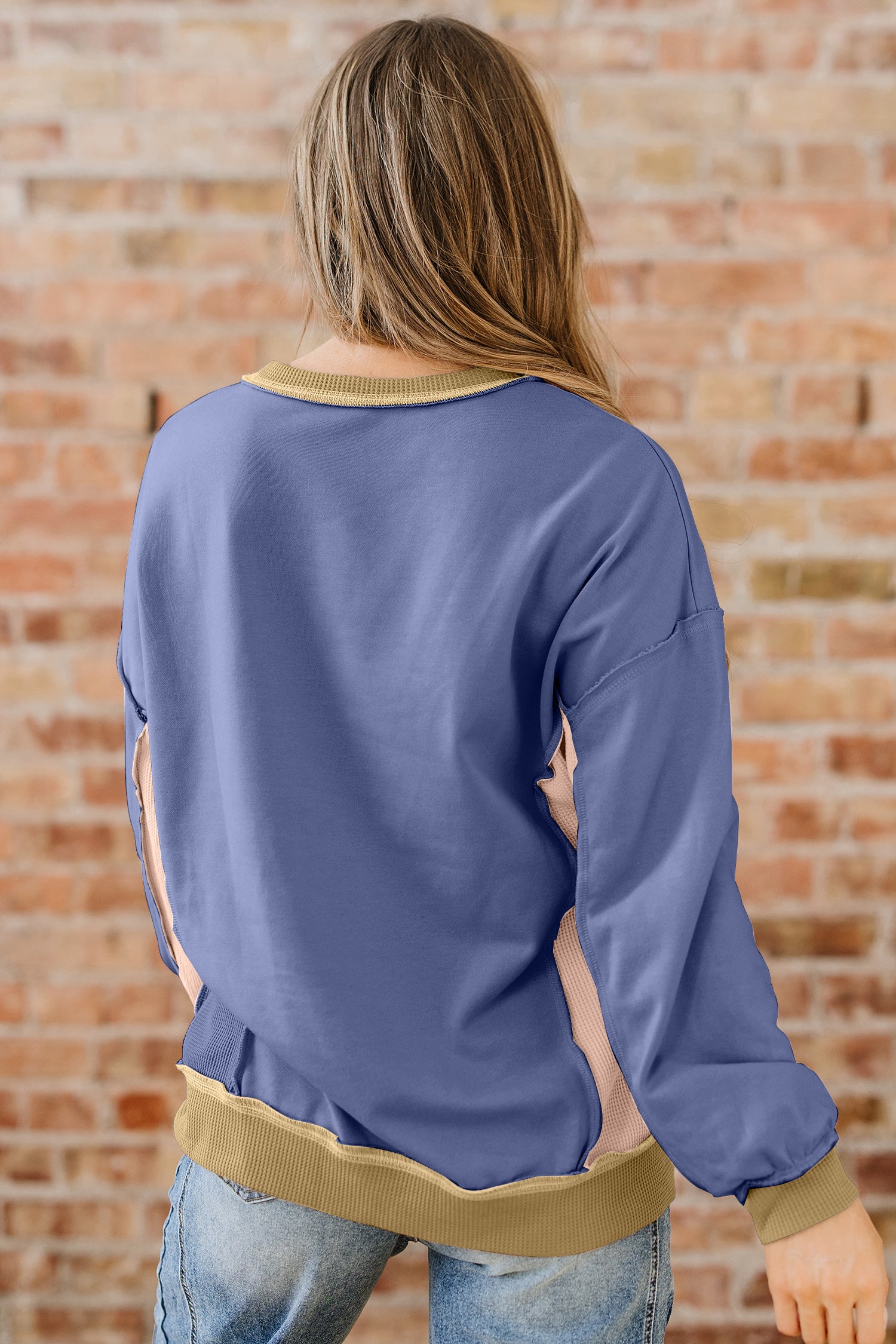 *Light Pink Color Block Mix Texture Waffle Patchwork Oversize Sweatshirt