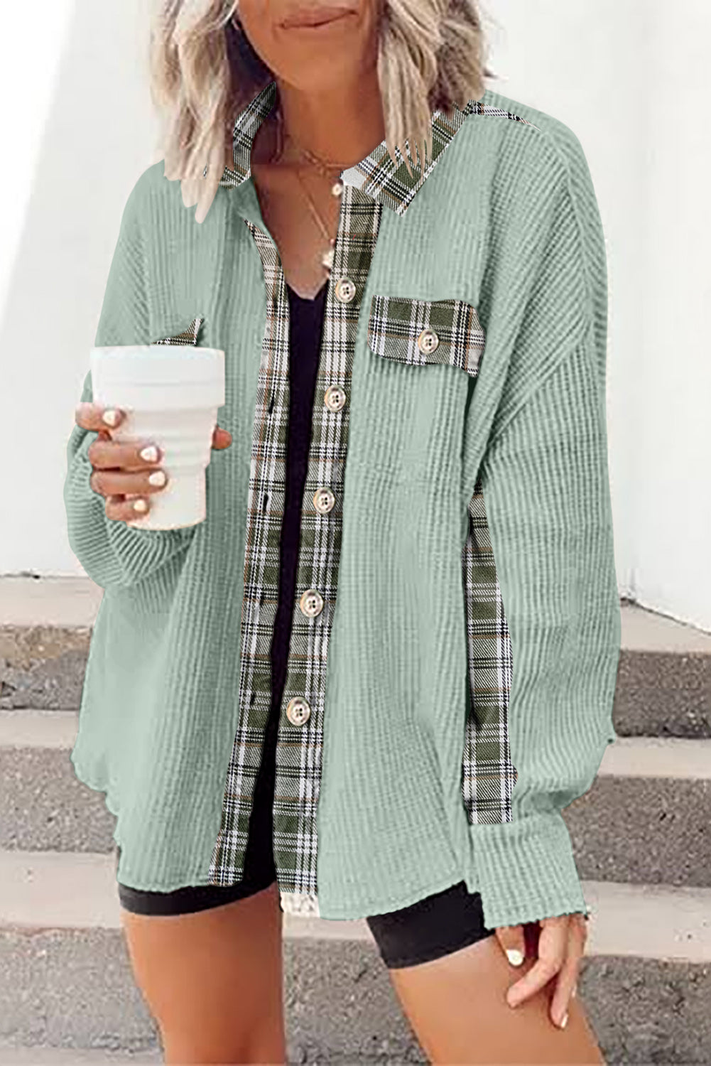 *Grass Green Plaid Patchwork Waffle Thermal Knit Shacket