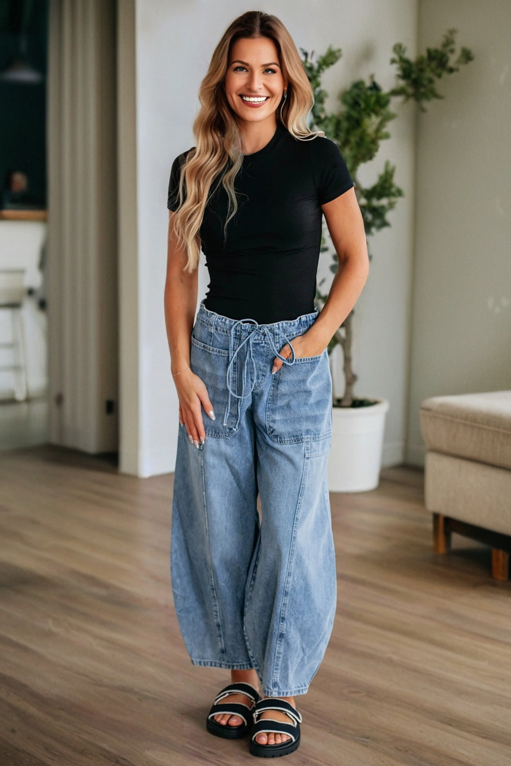 *Myosotis Large Patch Pocket Drawstring Paperbag Waist Barrel Jeans