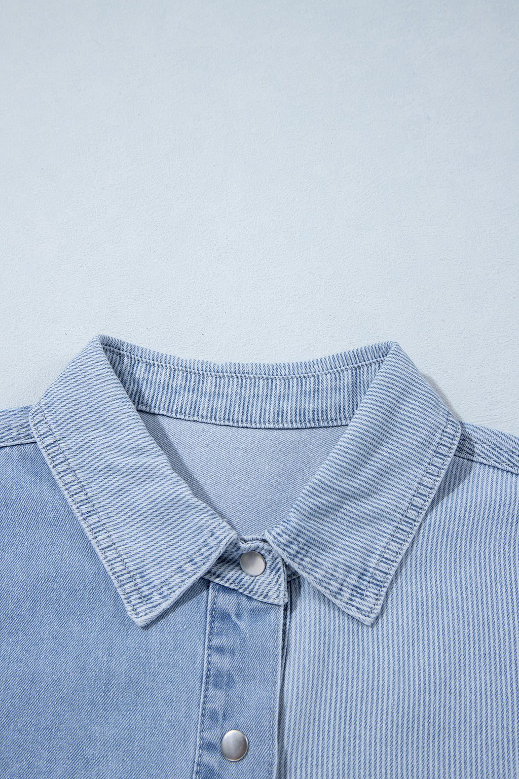 *Beau Blue Lightweight Denim Striped Patchwork Button Down Shacket