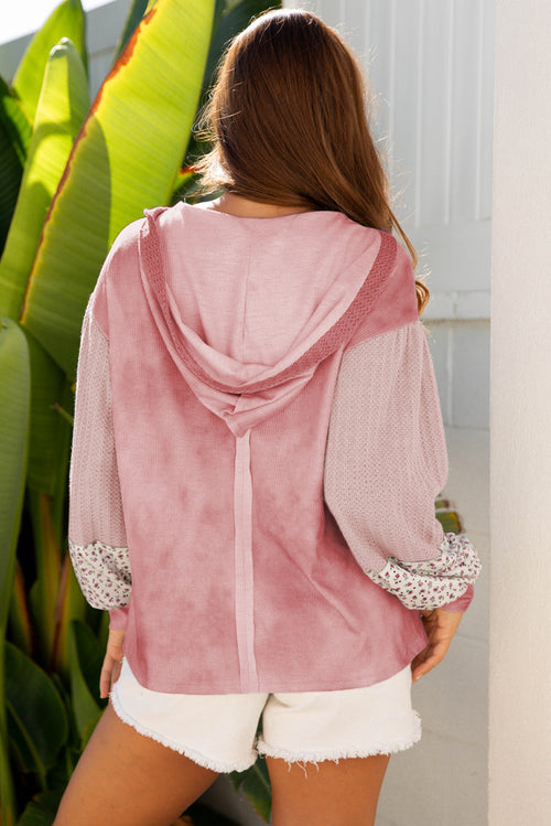 *Pink Floral Patched Waffle Textured Colorblock V Neck Casual Hooded Top
