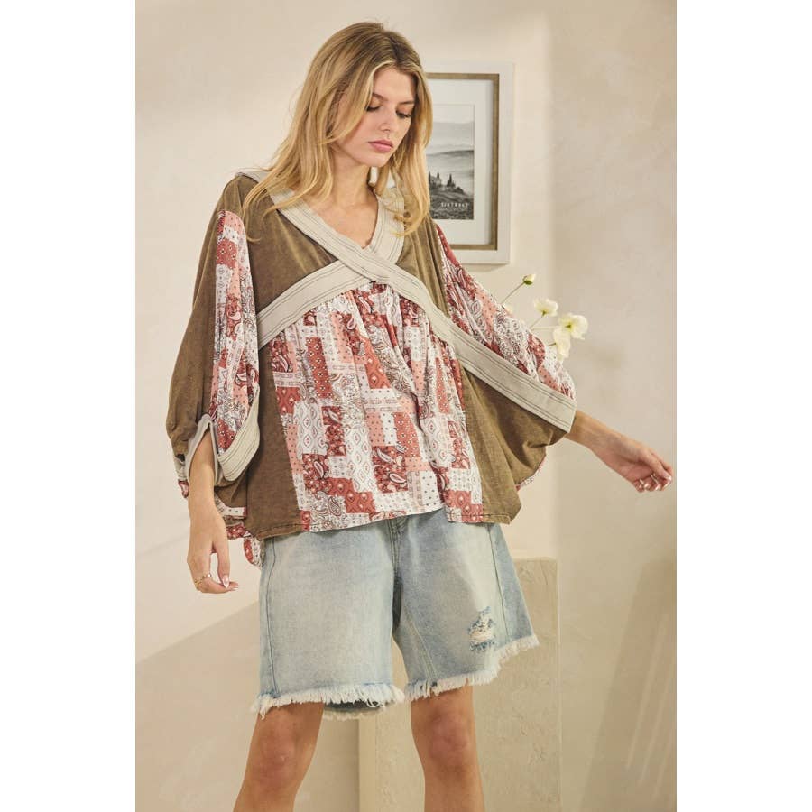 WASHED RIB CROSSED PATCHWORK TOP