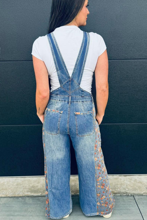*Peacock Blue Floral Patchwork Bib Denim Wide Leg Overalls