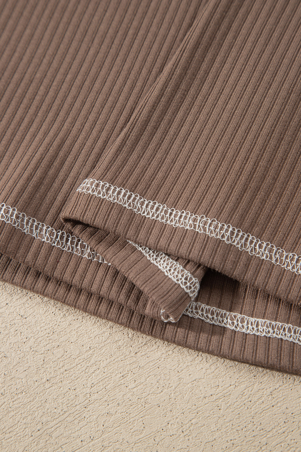 *Dark Khaki V Neck Ribbed Stitched Detail Long Sleeve Top