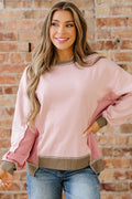*Light Pink Color Block Mix Texture Waffle Patchwork Oversize Sweatshirt