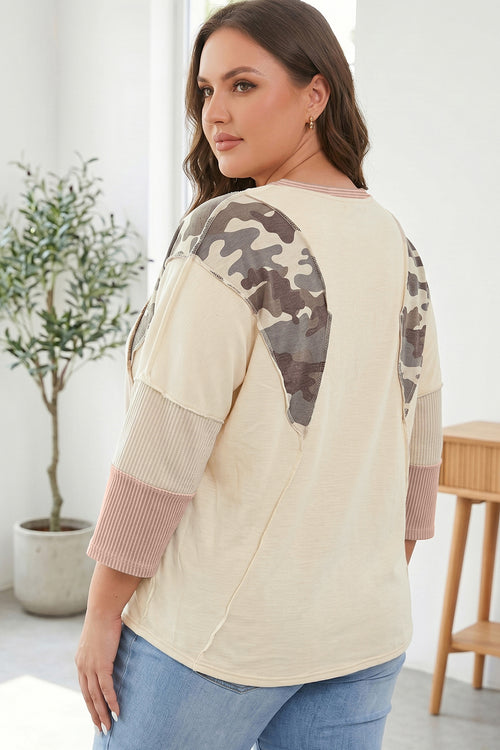 *Apricot Camouflage Panel Twist Rib Sleeve Round Neck Loose Fit Plus Size Blouse
