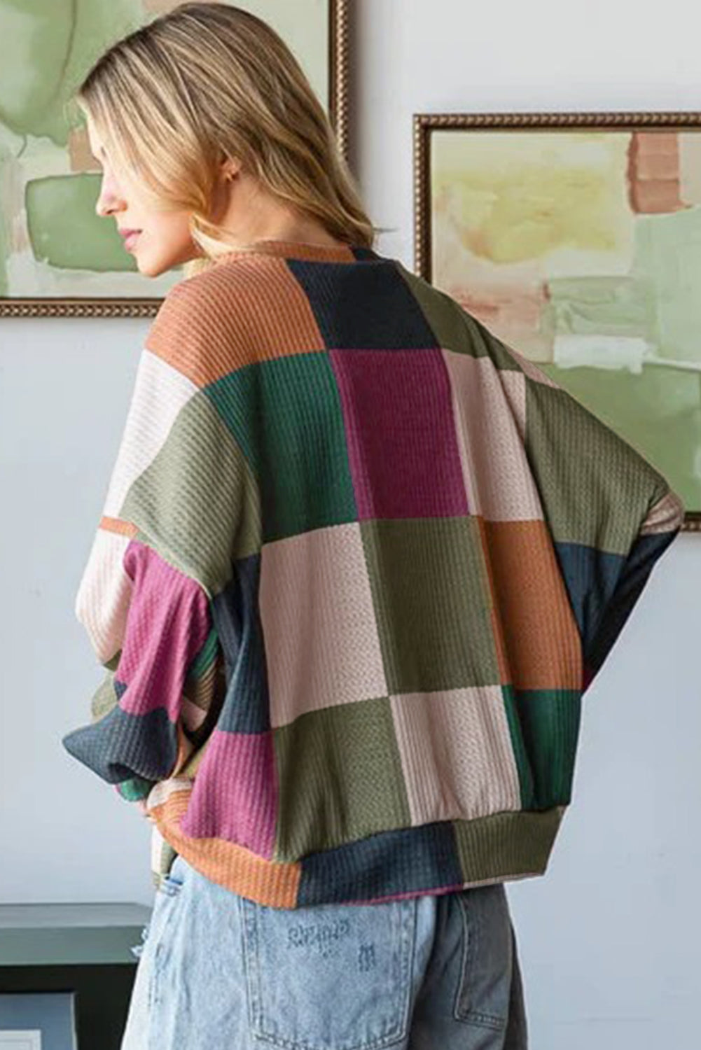*Green Checkered Print Textured Knit Long Sleeve Loose Top