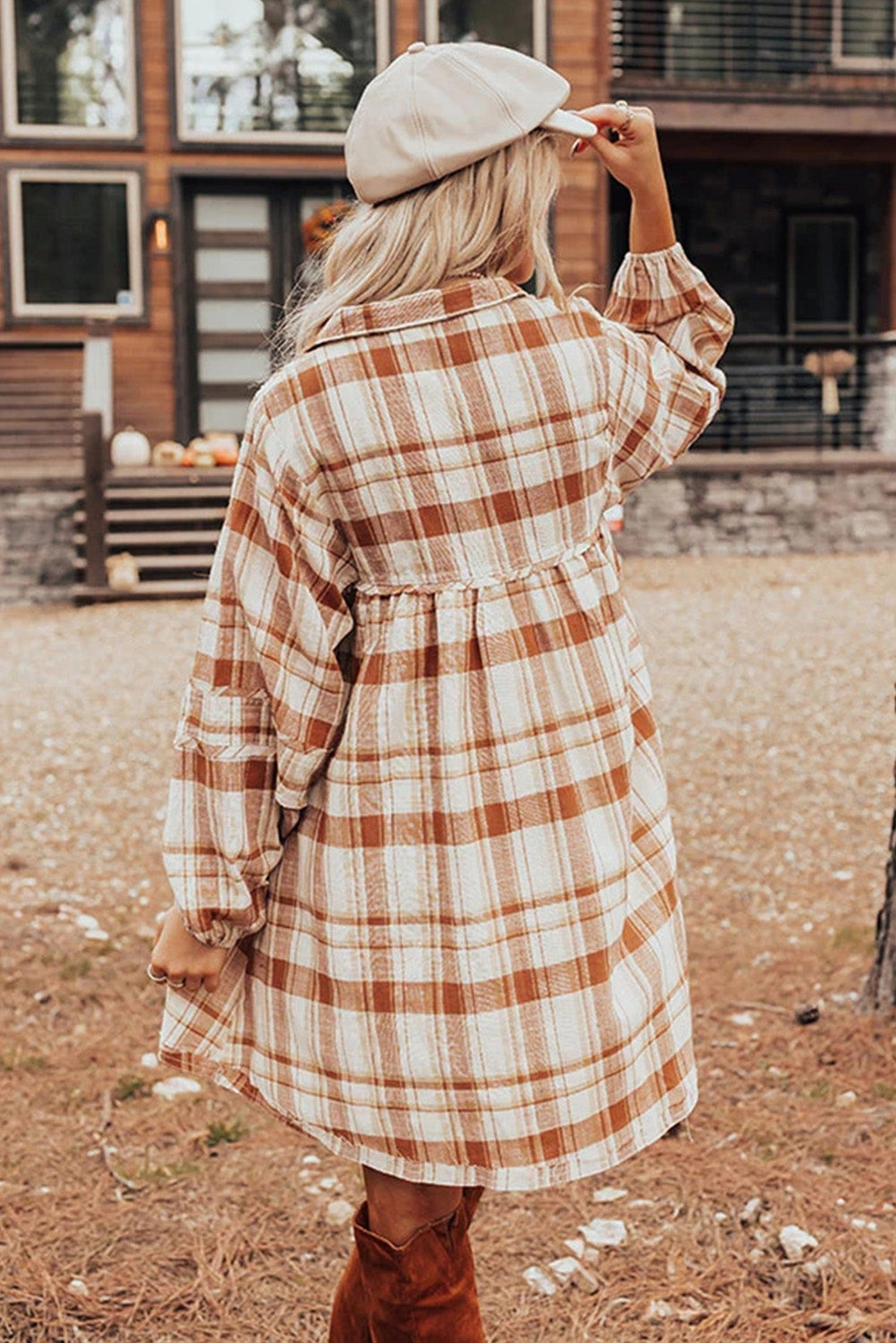 *Brown Plaid Print Side Pockets Frilled Babydoll Mini Dress