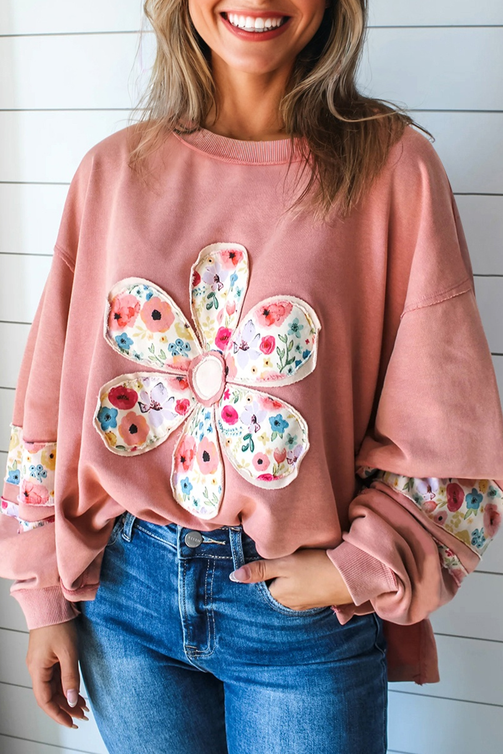 *Pale Khaki Floral Applique Baggy Pullover Sweatshirt
