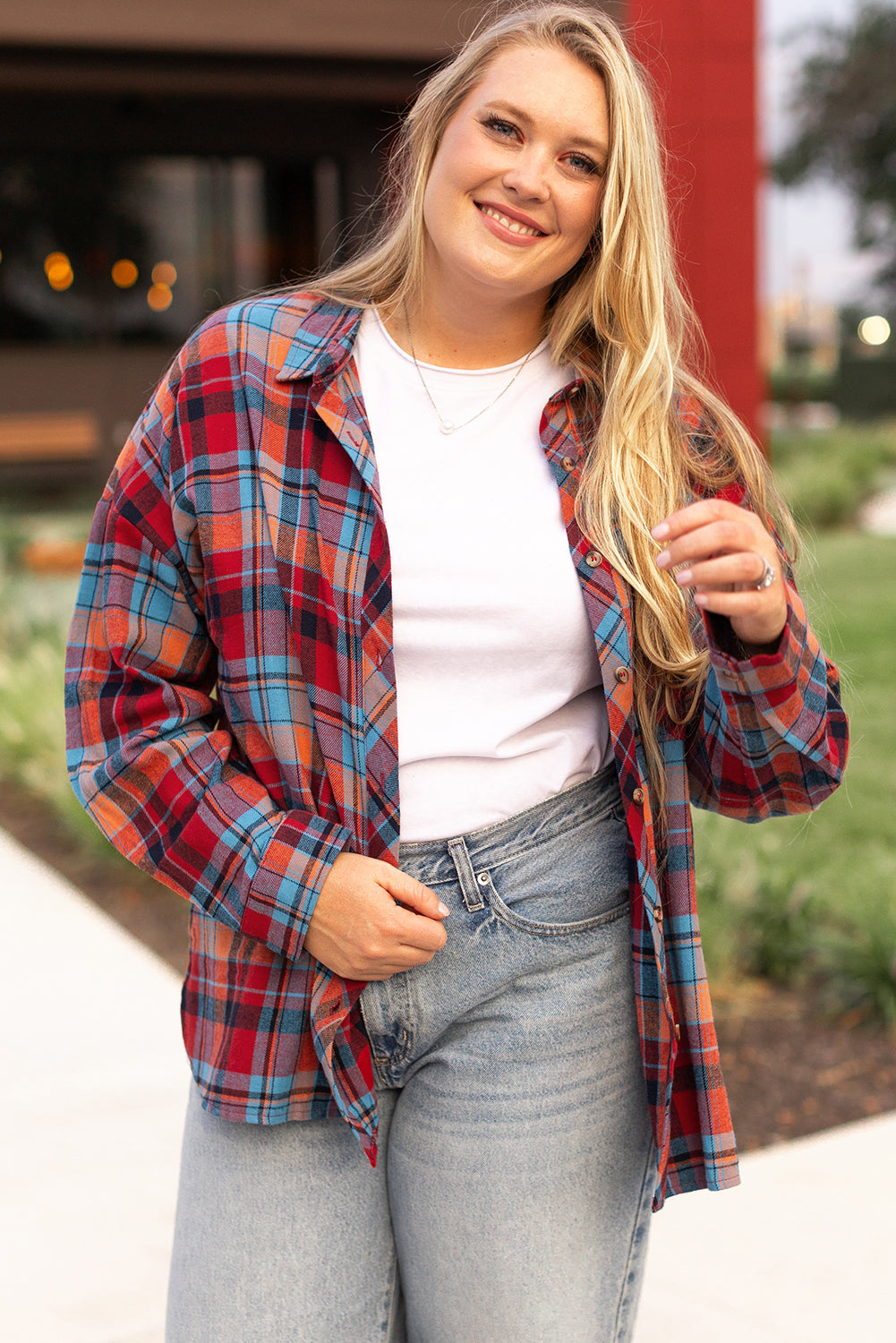 *Red Plus Size Plaid Print Buttoned Shirt