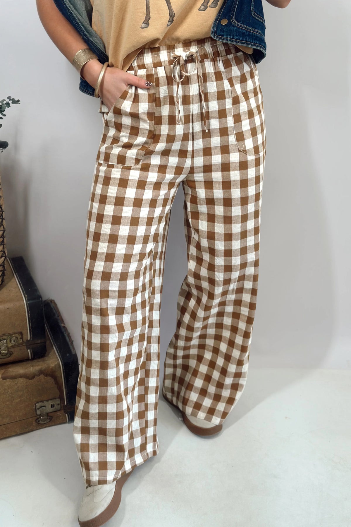 *Brown Gingham Plaid Tie Elastic Waist Shift Pants