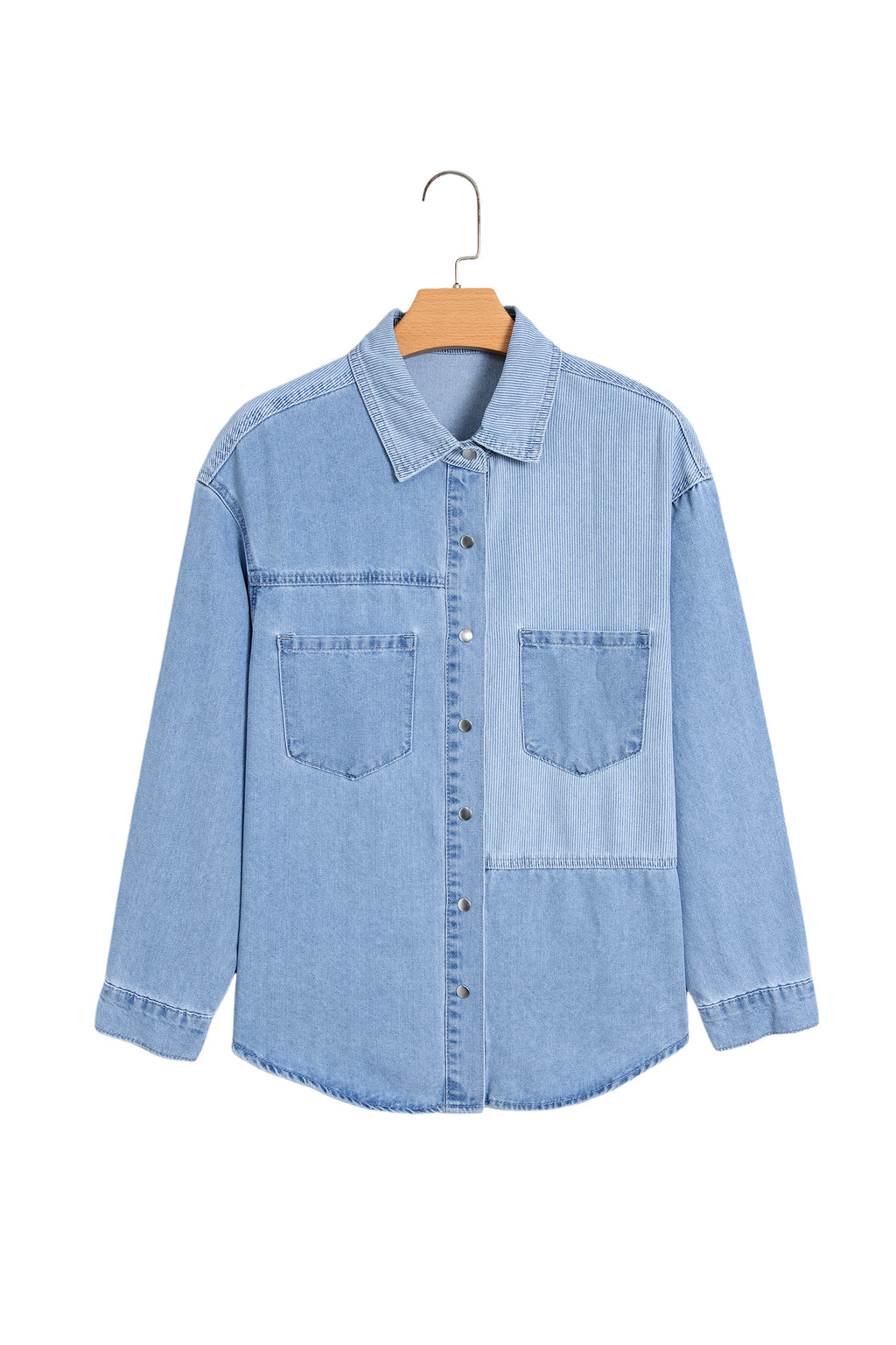 *Beau Blue Lightweight Denim Striped Patchwork Button Down Shacket