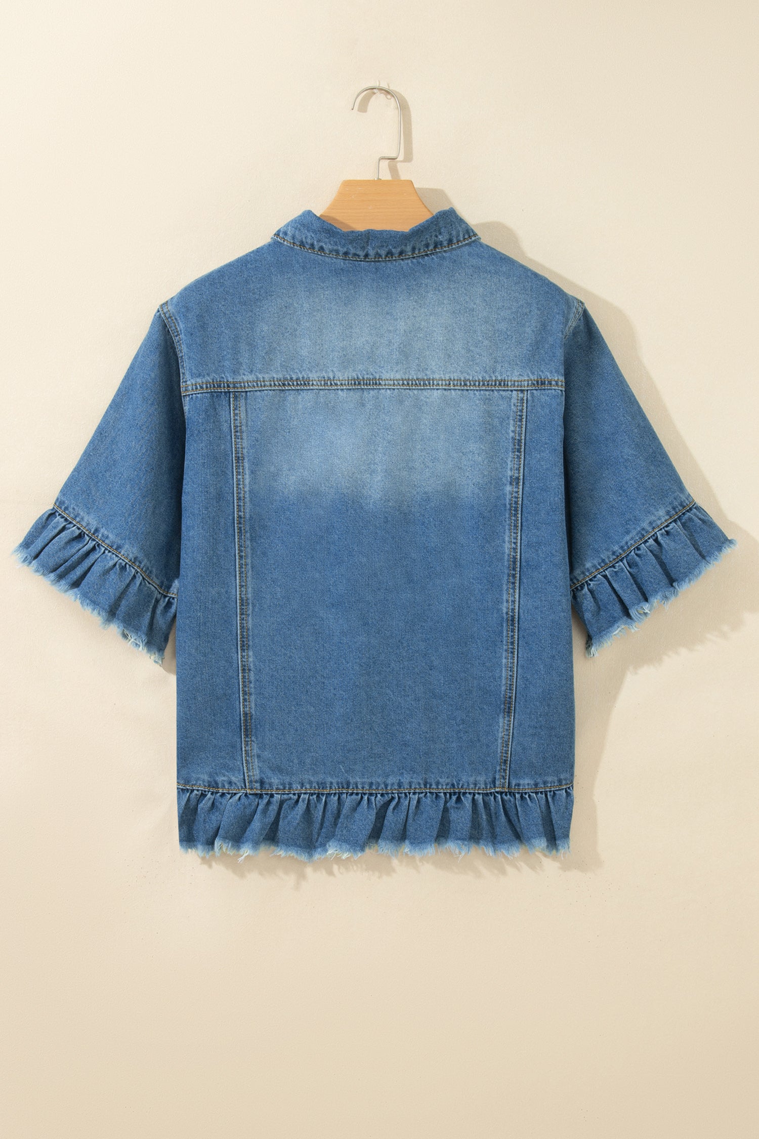*Blue Ruffle Hem Raw Edge Half Sleeve Western Denim Jacket