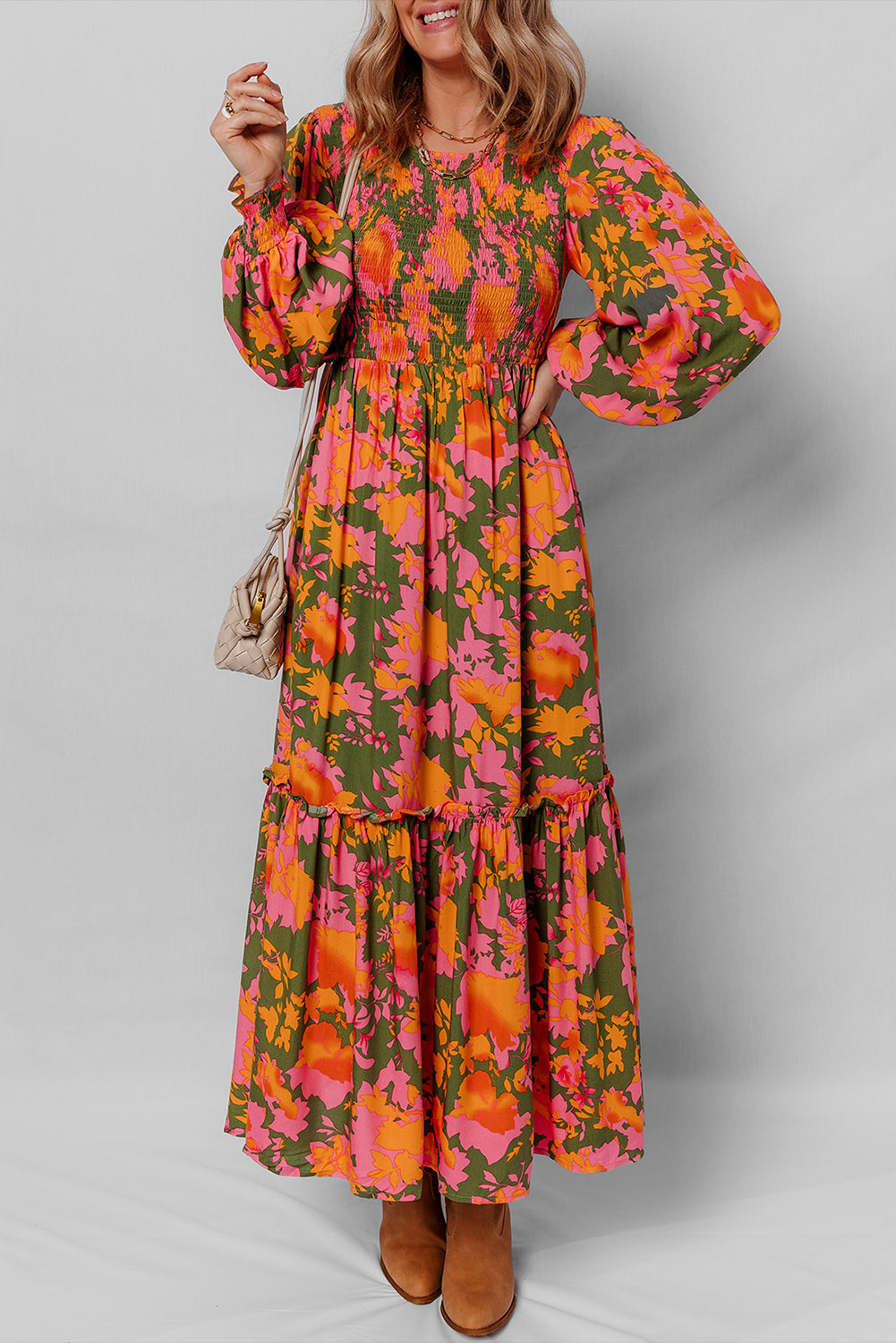 *Orange Floral Puff Sleeve Smocked Bodice Ruffled Long Dress