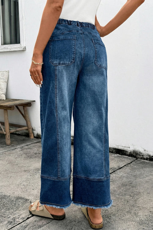 *Prussian Blue Drawstring Seam Detail Raw Hem Wide Leg Denim Pants