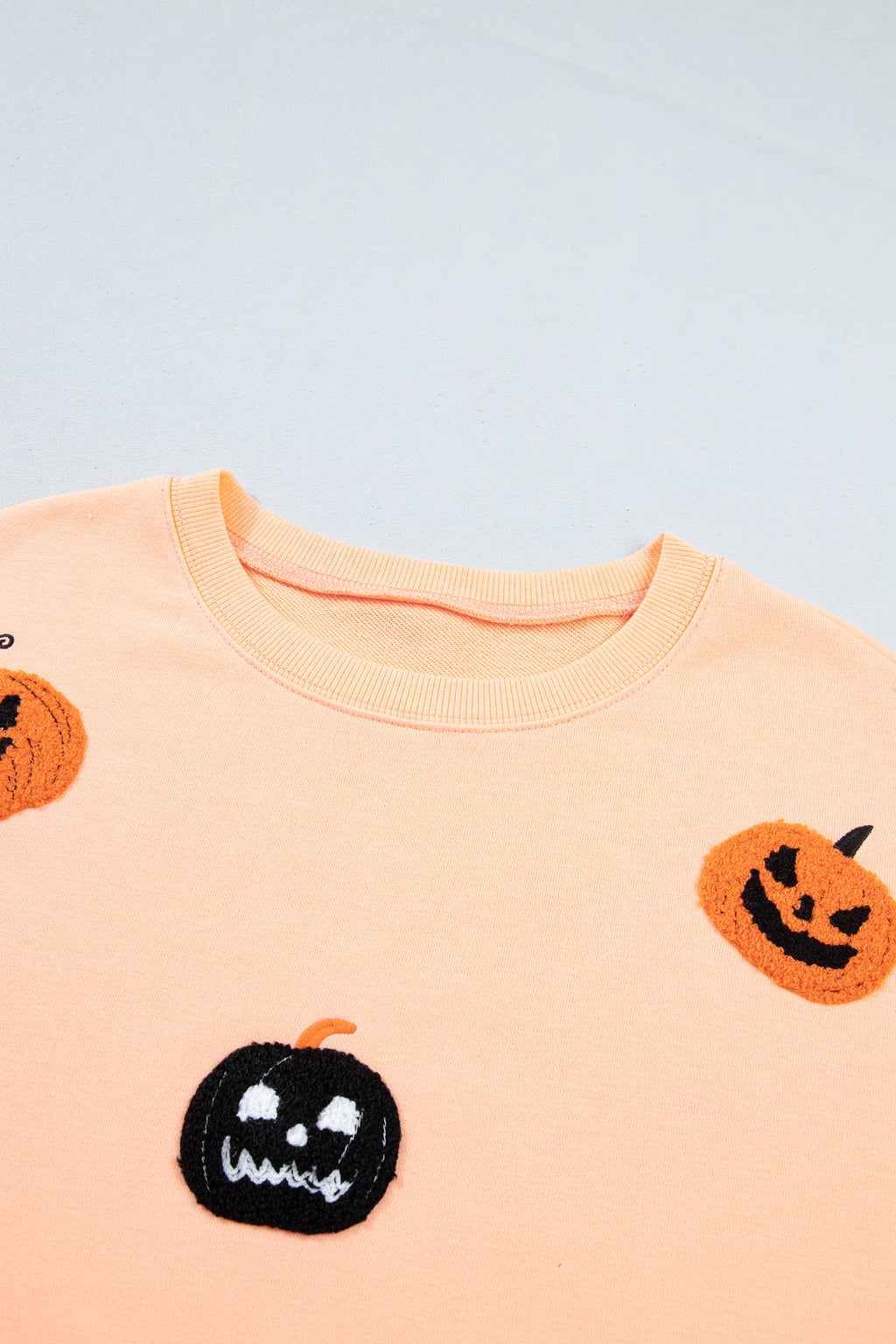 *Orange Embroidered Pumpkin Face Drop Shoulder Sweatshirt