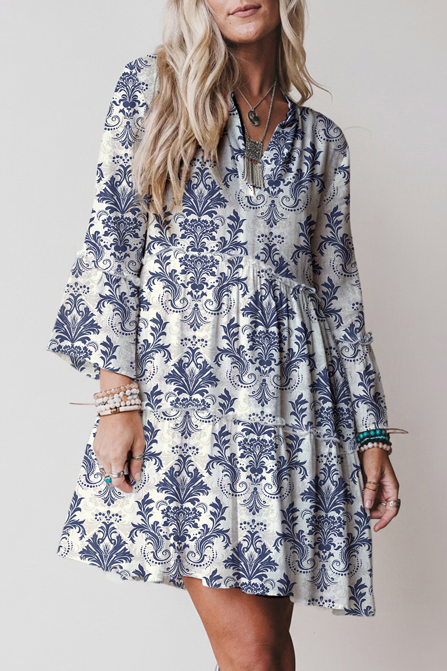 *Blue Boho Floral Print Lettuce Trim 3/4 Sleeve Mini Dress