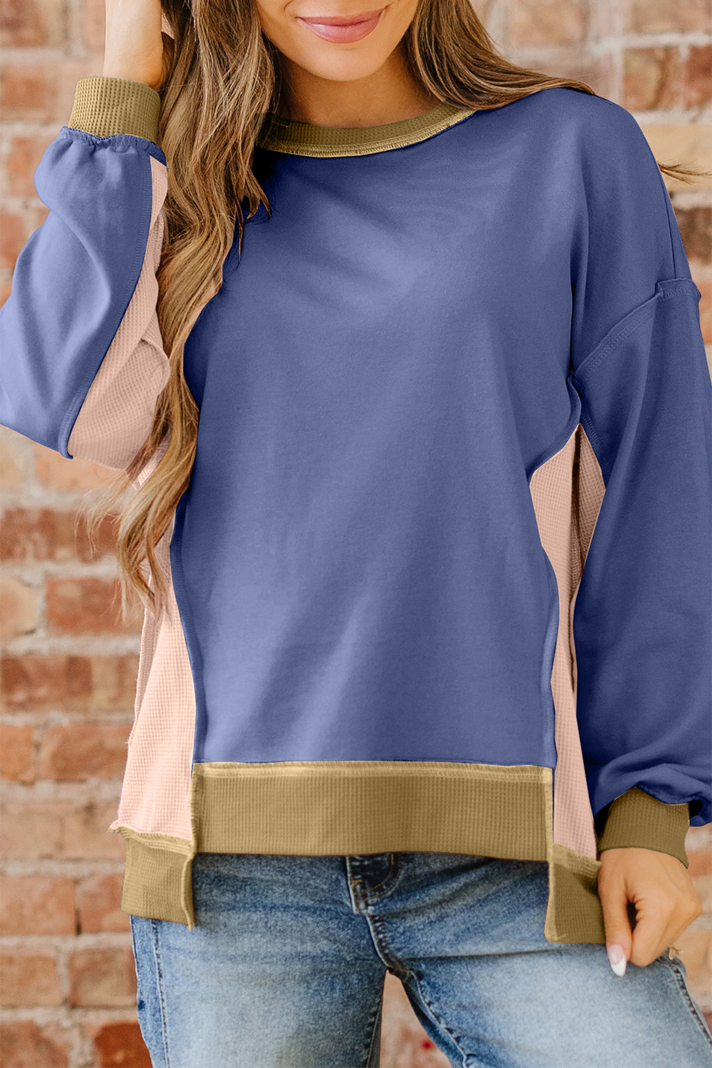 *Light Pink Color Block Mix Texture Waffle Patchwork Oversize Sweatshirt