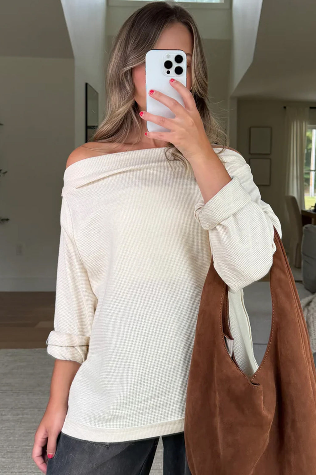 *Beige Solid Color Waffle Knit Asymmetric Neck Long Sleeve Top
