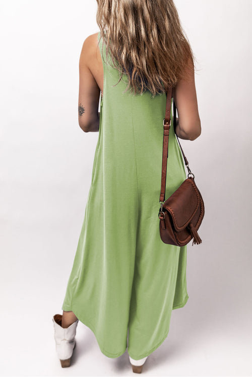 *Grass Green Sleeveless V Neck Pocketed Wide Leg Jumpsuit
