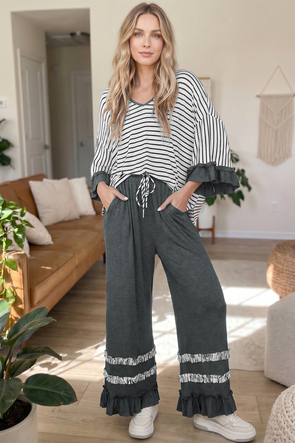 *Gray Stripe V Neck Ruffle Contrast Sleeve Top Drawstring Pants 2pcs Set