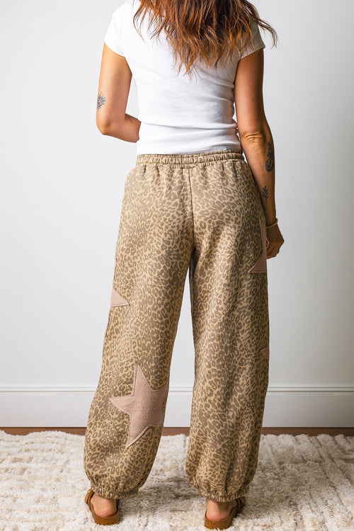 *Khaki Leopard Print Star Patched Drawstring Elastic Waist Jogger Pants