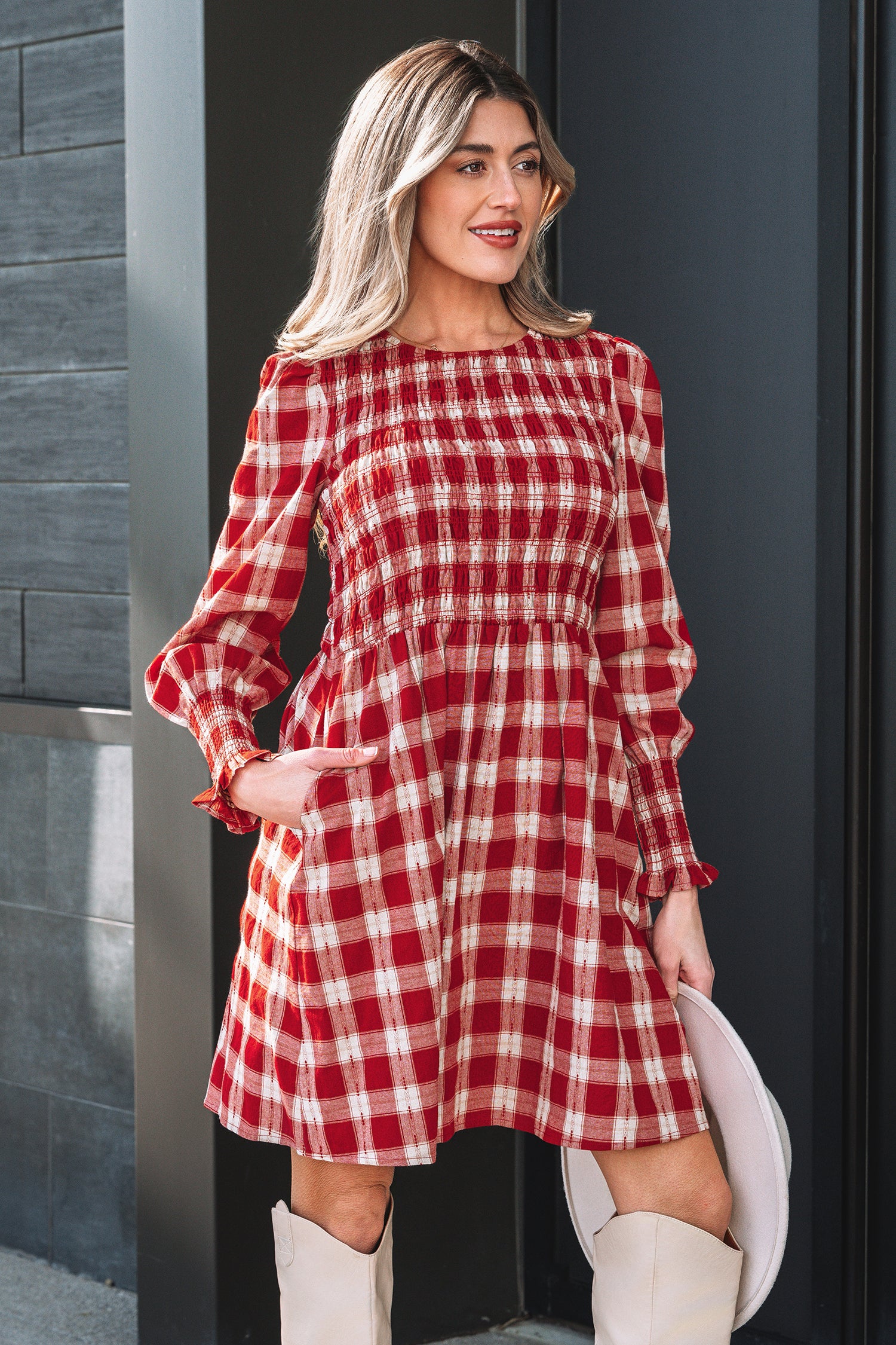 *Red Plaid Print Smocked Puff Sleeve Mini Dress