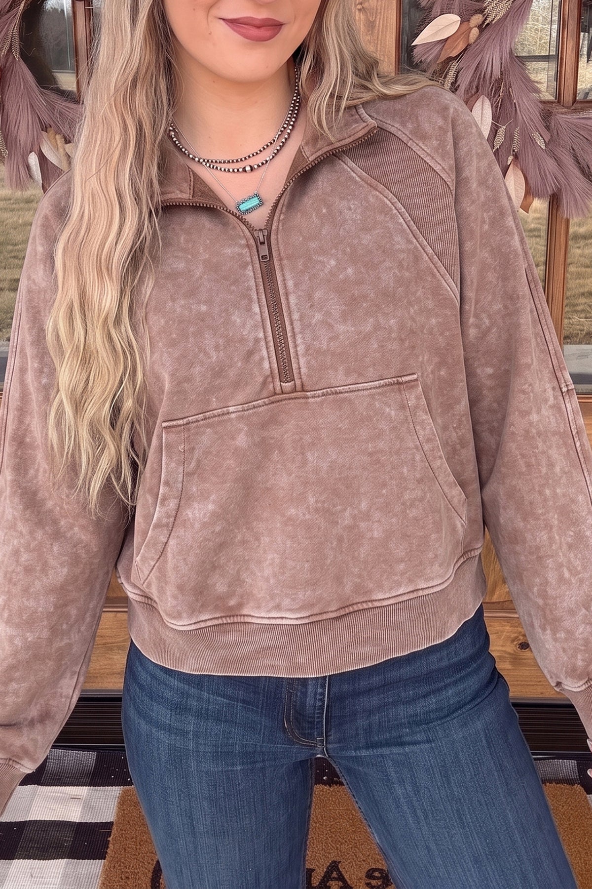 *Chestnut Vintage Half-Zip Long Sleeve Ribbed Cuffs Hem Shift Silhouette Sweatshirt