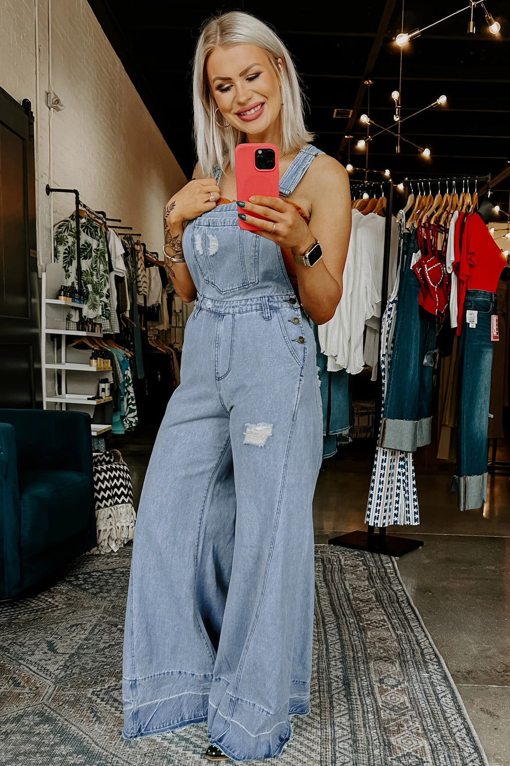 *Mist Blue Retro Distressed Button Adjustable Straps Denim Overall Jumpsuit