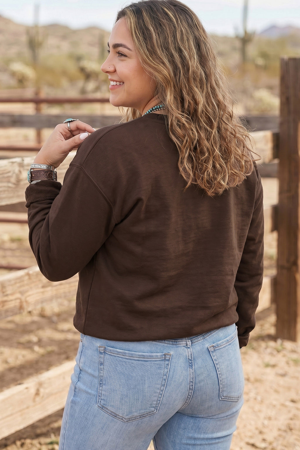 *Coffee PRAY Letter Patchwork Round Neck Long Sleeve Plus Size Sweatshirt