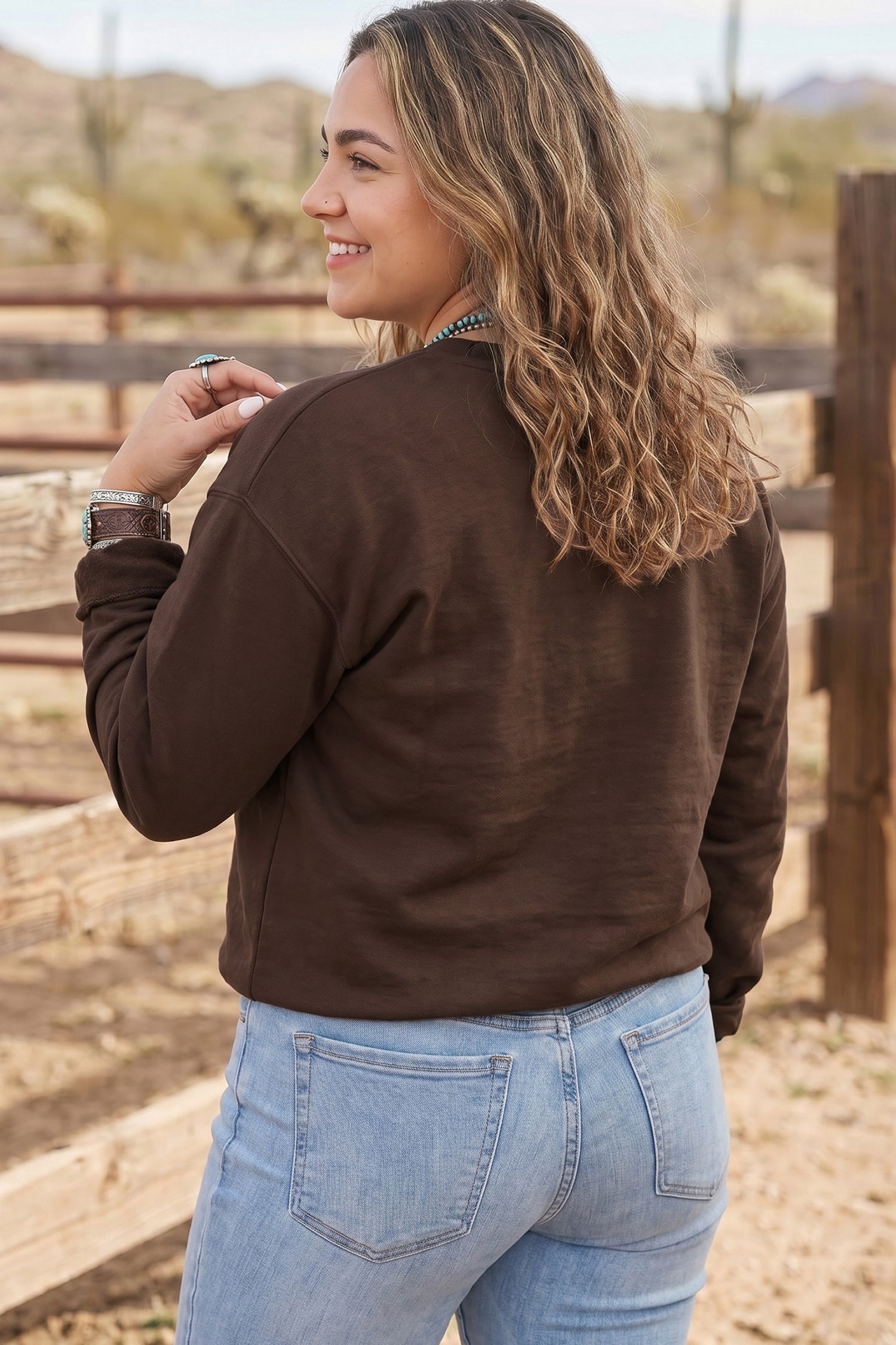 *Coffee PRAY Letter Patchwork Round Neck Long Sleeve Plus Size Sweatshirt