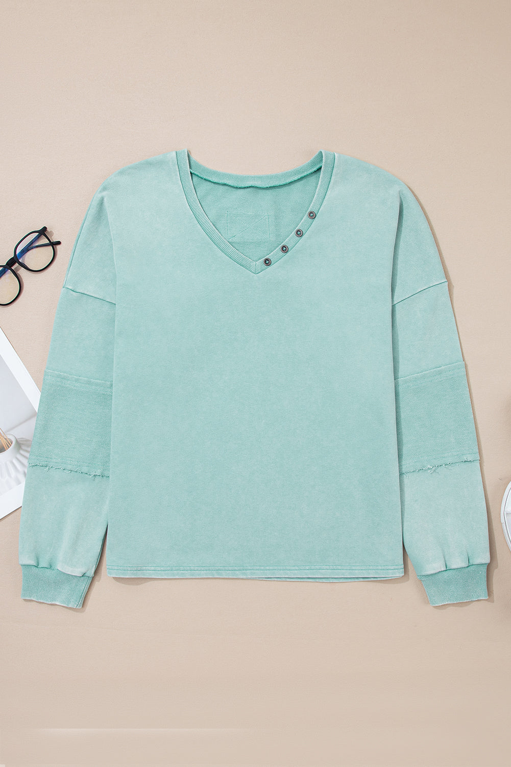 *Mist Blue Mineral Wash Exposed Seam Buttoned V Neck Pullover Top