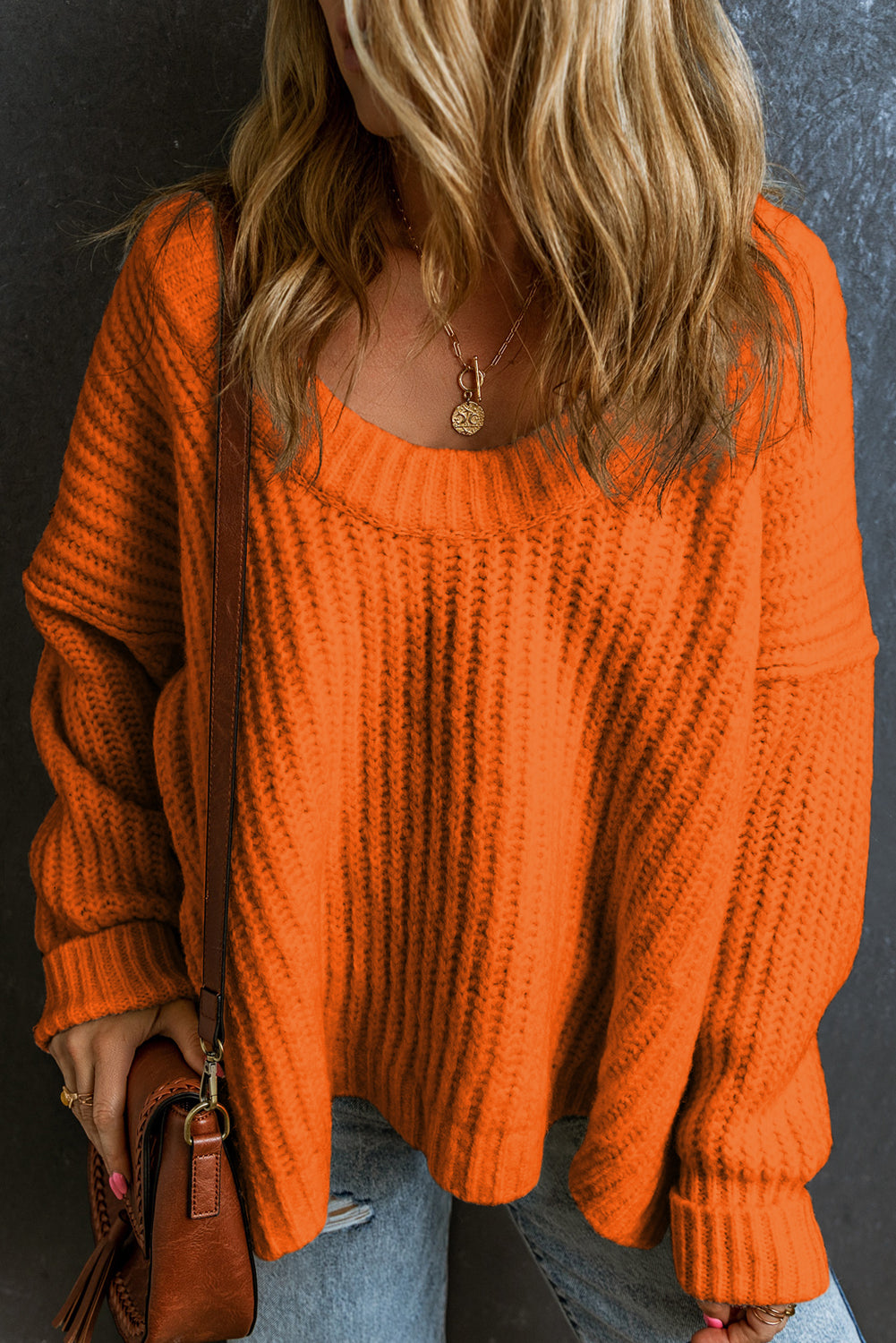 *Orange Ribbed Knit Round Neck Slouchy Chunky Sweater