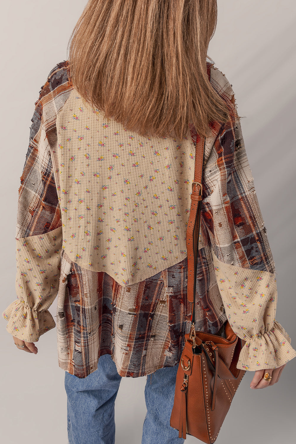 *Oatmeal Boho Floral Plaid Patchwork Distressed Detail Ruffled Sleeve Waffle Knit Shacket